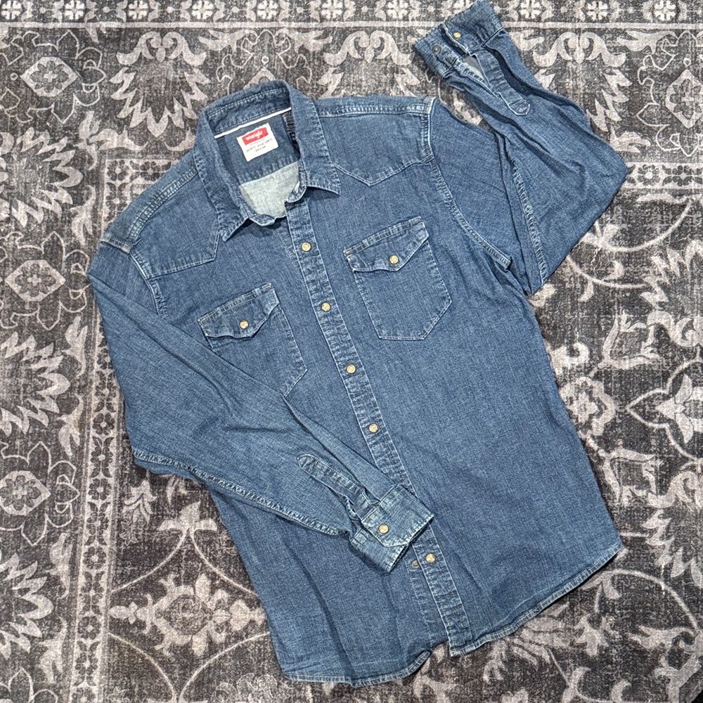 Wrangler Blue Heavy Denim Casual Pearl Snap Shirt XL